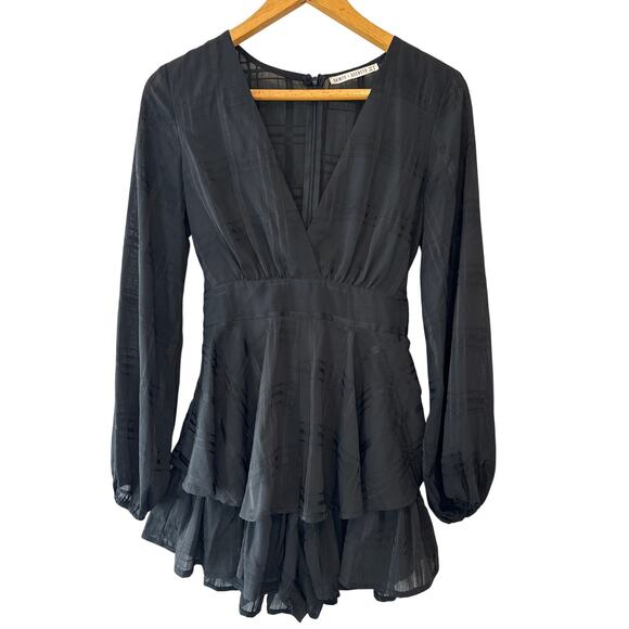 Saints + Secrets Black Ruffled V-Neck Long Sleeve Mini Romper Tie Waist Sz Small - Picture 1 of 9